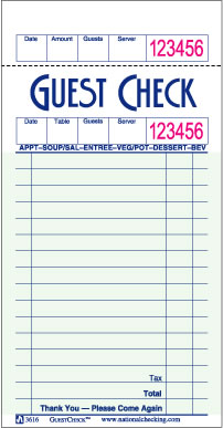 Guest Check, Single Copy Paper